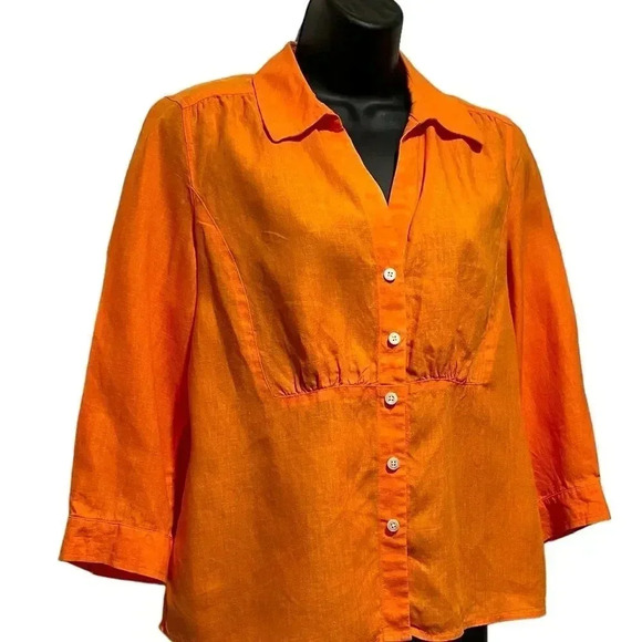 Talbots Irish Linen Tangerine Orange Womens 3/4 Sleeve Button Down Womens 12P - Picture 2 of 9